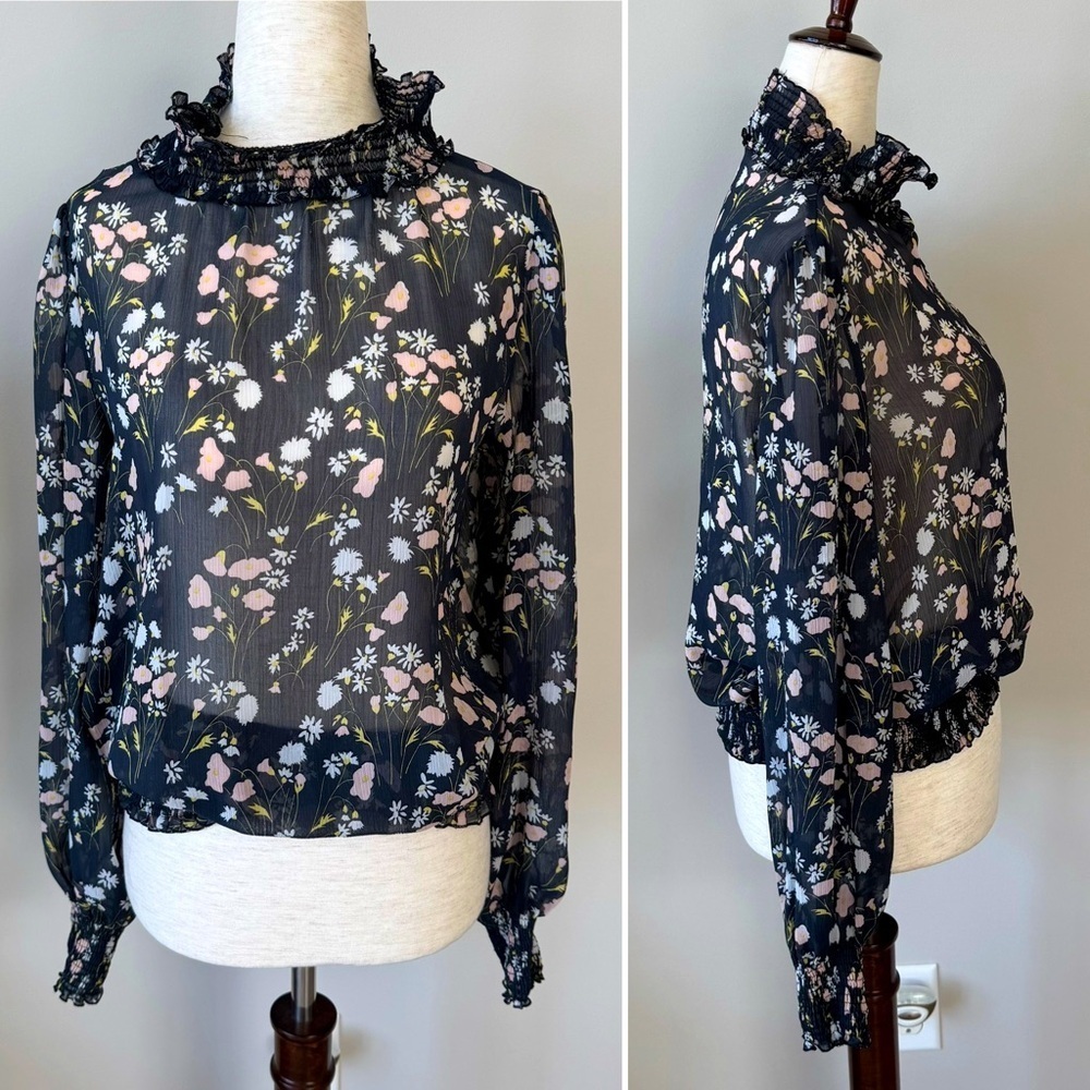Zara Basics Sheer Floral Ruffle Neck Blouse - Smock Waist and Cuffs